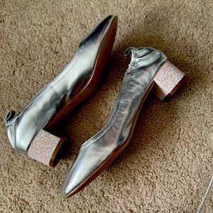 J Crew Silver Leather Pumps with Sparkle heel, Size 8